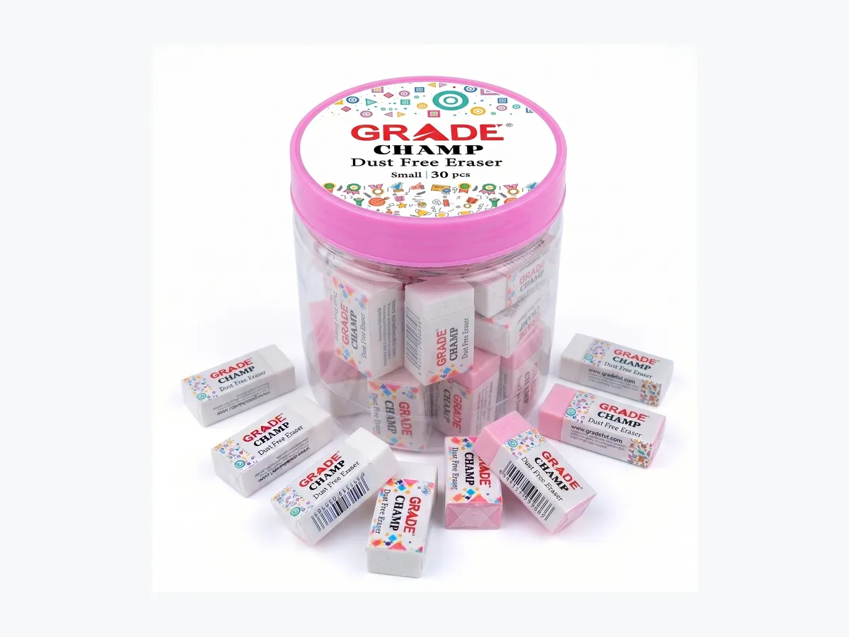 A jar of Champ dust-free erasers with singles in front