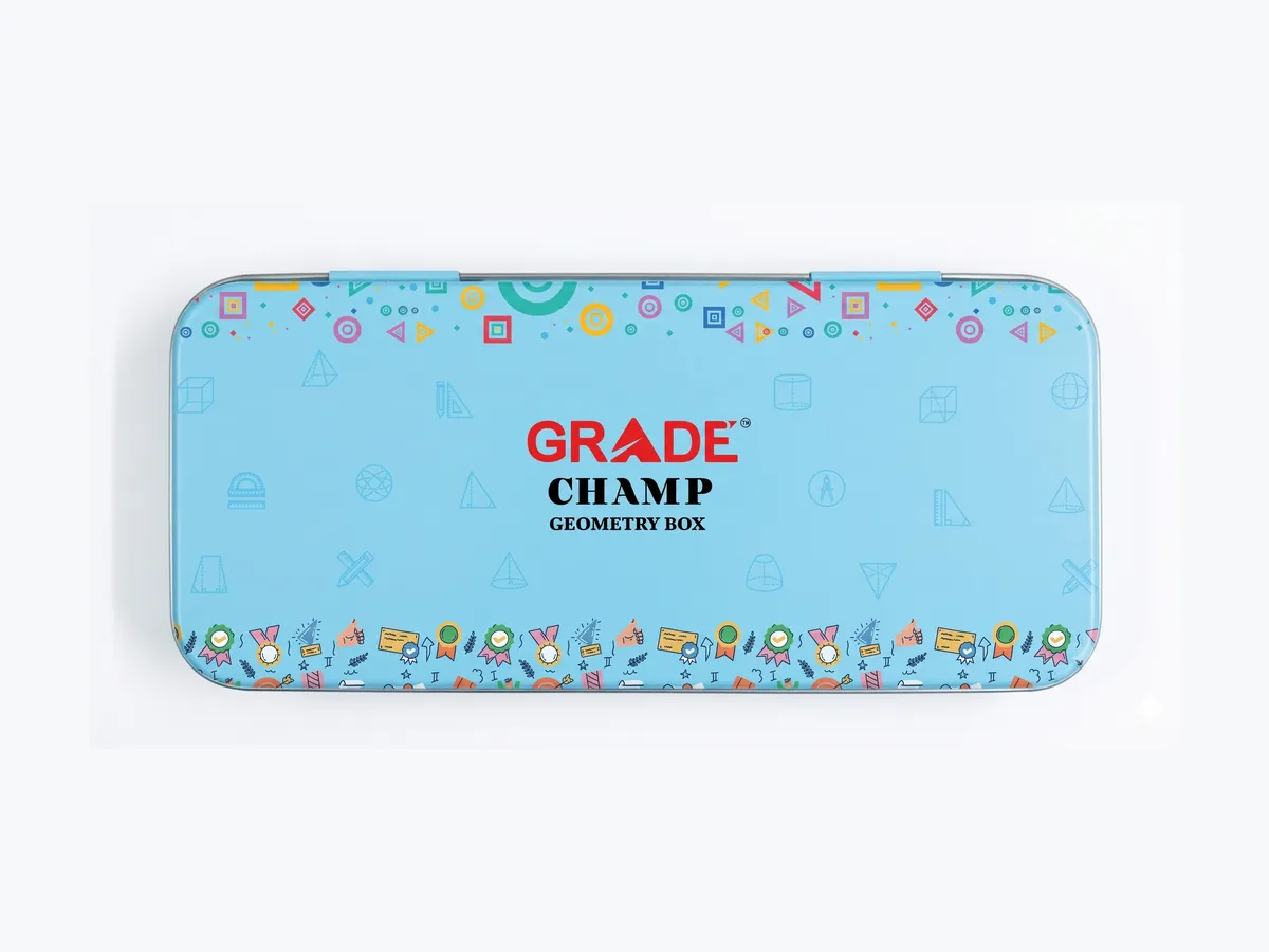 The Champ geometry box, light blue with line-art doodles