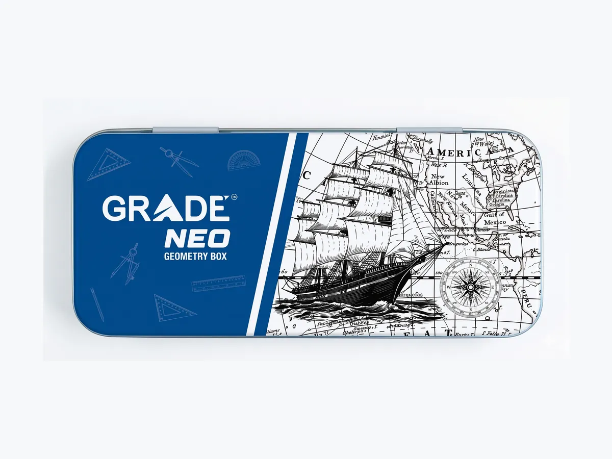 The Neo geometry box in navy with a line-drawn ship