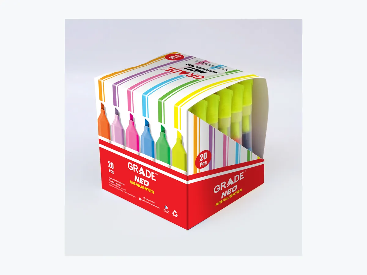 The Neo highlighter counter display, filled with six colours